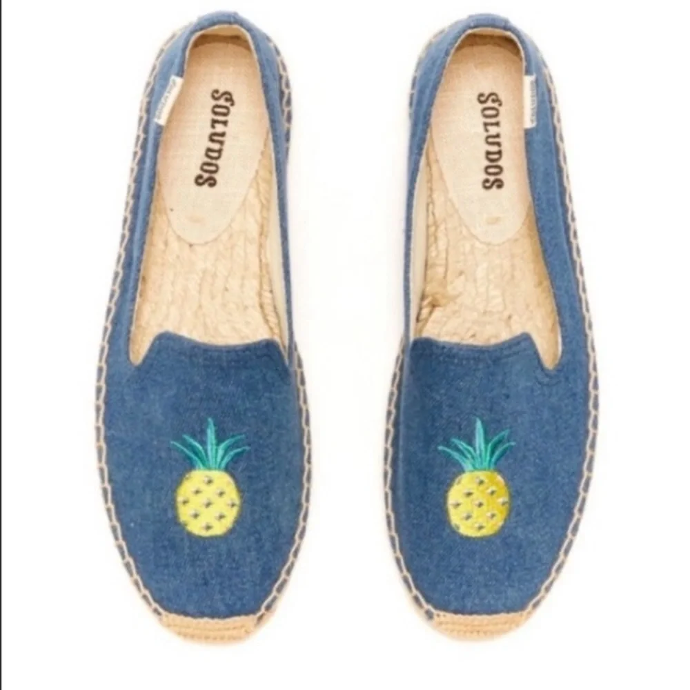 SOLUDOS Pineapple Blue Denim Canvas Slip On Summer Espadrilles Shoes 9